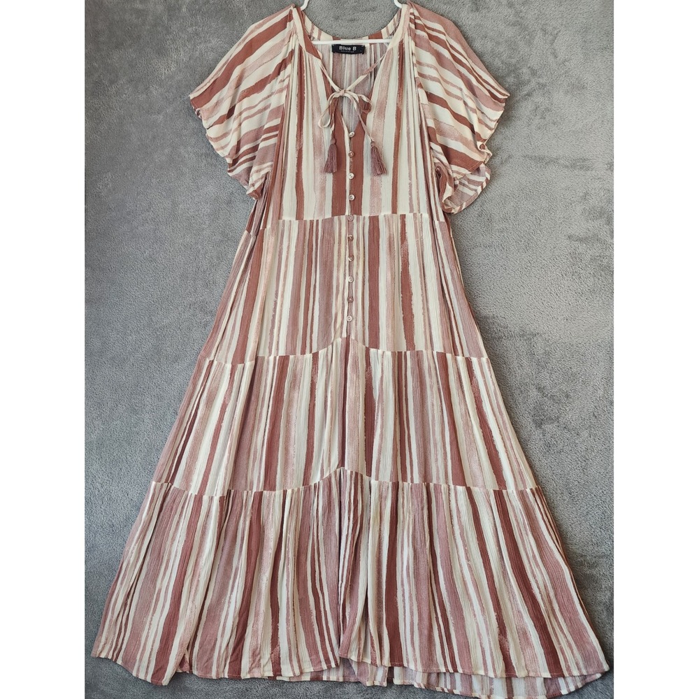 Blue B Collection Dress Womens Large Terracotta Striped Tiered Boho Tassel Maxi